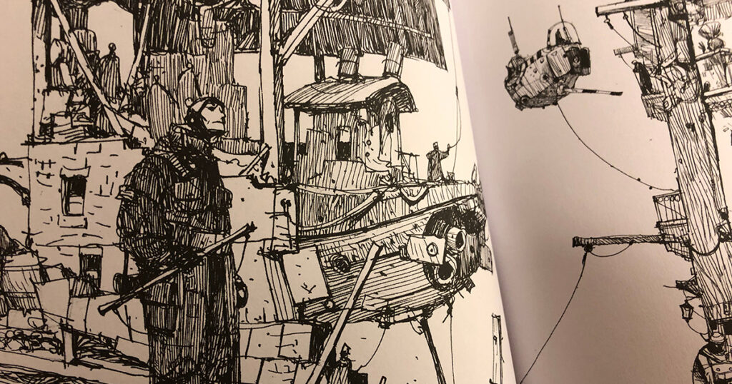Skisserna får en annan karaktär i svartvitt. Notera svävarskeppet i bakgrunden. Ur Mechs and the City: Another Book of Drawings by Ian McQue.