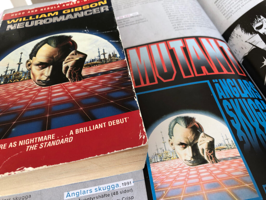 Omslagsbilden på äventyret Änglars skugga från 1991 till Mutant 2089 (ironiskt nog) är kanske mest känd för att ha använts till Graftons brittiska pocketutgåva av William Gibsons Neuromancer från 1986.