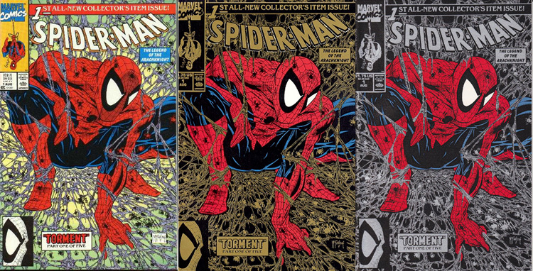 Tre olika omslag till första numret av nya Sprider-Man-titeln utan tillägget The Amazing. 