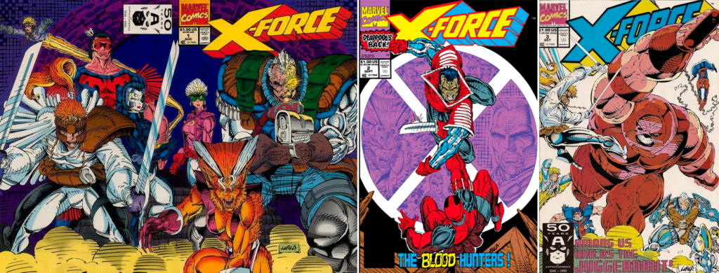 Omslagen till Rob Liefelds X-Force #1–3.